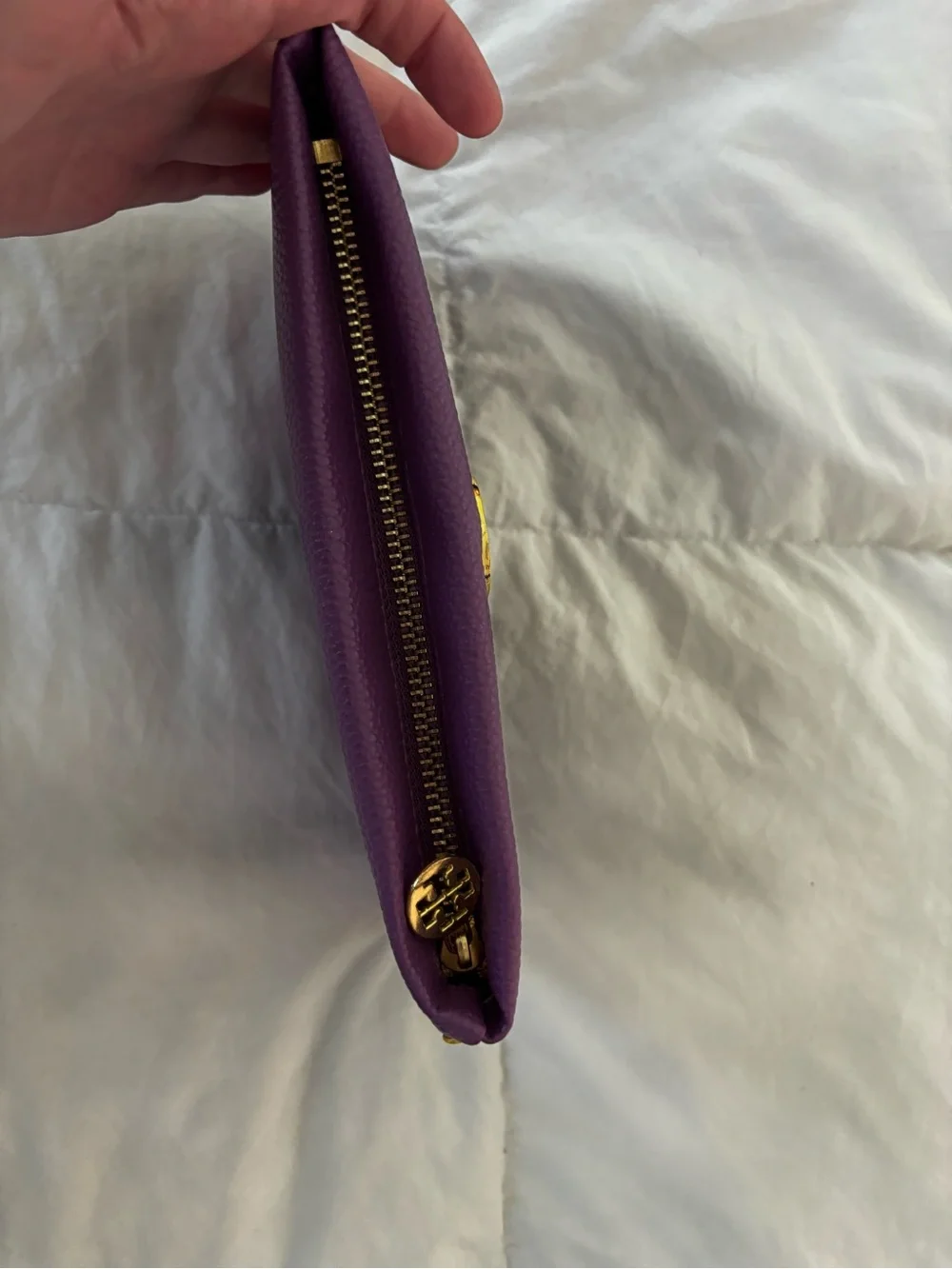 Tory Burch Purple Leather Zip Wristlet with Gold Logo Accent